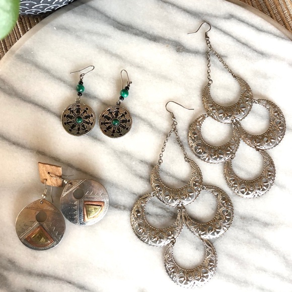 Silver tone earrings 3 pairs southwestern tribal  green brass copper accents - Picture 5 of 5